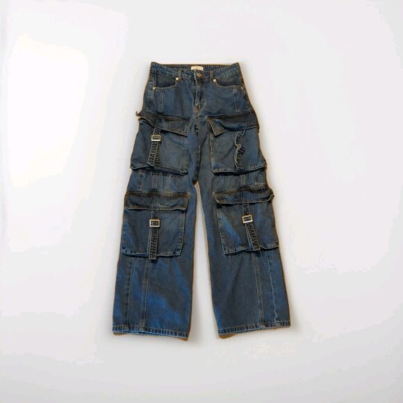 Forever 21 Cargo Utility Jeans Womens 25 Wide Leg Blue Baggy Y2K Skater Grunge - Picture 1 of 7